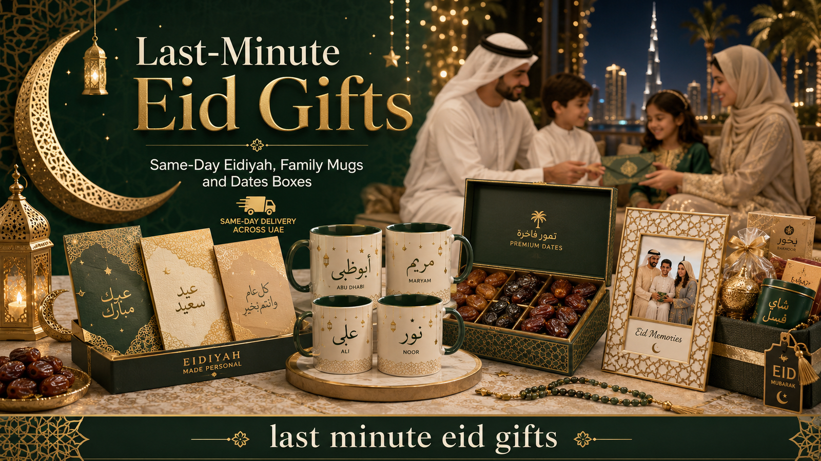 last minute eid gifts - printshop4me.ae Last-Minute Eid Gifts UAE hero image showing personalised Eidiyah envelopes, family name mugs, premium dates gift boxes, Eid Mubarak photo frames, lanterns, hampers, Arabic calligraphy designs, same-day Dubai delivery, and order before 11am Eid gifting service.