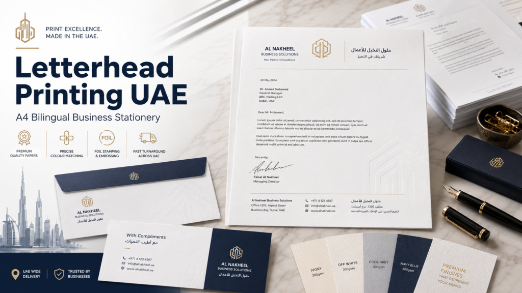 Letterhead Printing UAE hero image showing A4 bilingual English-Arabic business letterheads, matching envelopes, compliments slips, premium paper stocks, foil stamping, embossing, Pantone colour matching, and corporate stationery branding.