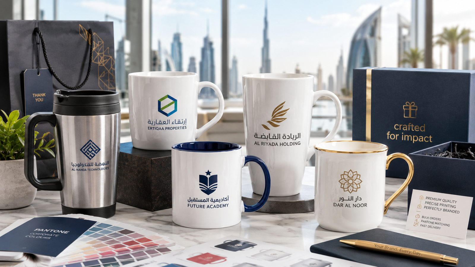 Logo mug printing UAE featuring custom branded ceramic mugs, inside-colour mug, latte mug, stainless steel travel mug, bone china premium mug, bilingual Arabic and English company logos, Pantone colour guide, corporate gift box and Dubai skyline backdrop.