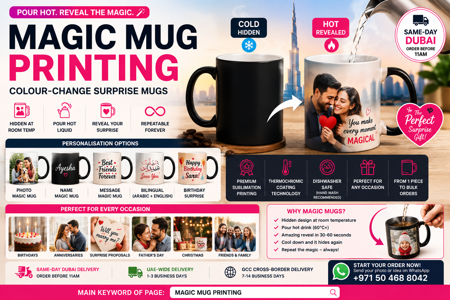 magic mug printing - printshop4me.ae Magic mug printing UAE hero image showing black colour-change mugs revealing hidden photo, name, message and Arabic-English designs when hot liquid is poured, with Dubai skyline background, same-day Dubai delivery, thermochromic coating and surprise gift options.