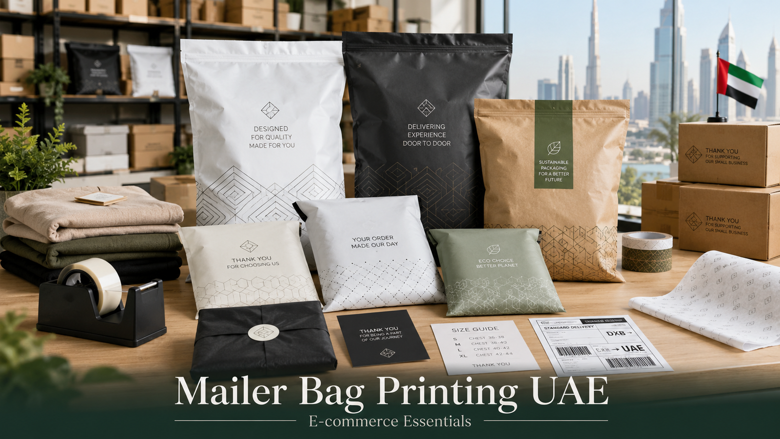 Mailer bag printing UAE hero image showing custom polymailers, courier bags, kraft mailers, recycled packaging, shipping labels and e-commerce packing table.