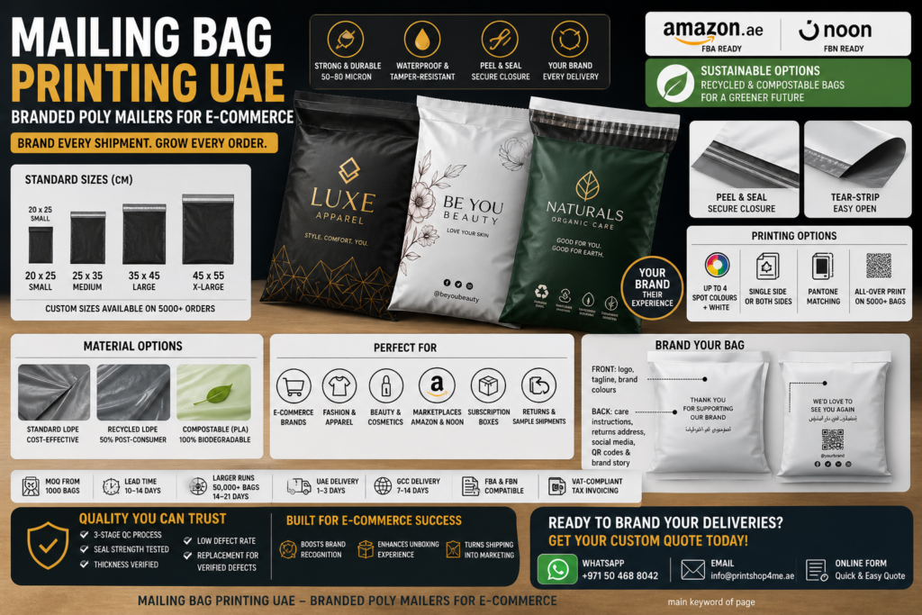 Promotional infographic for branded poly mailers in the UAE showing sample bags and service options for e-commerce shipments.