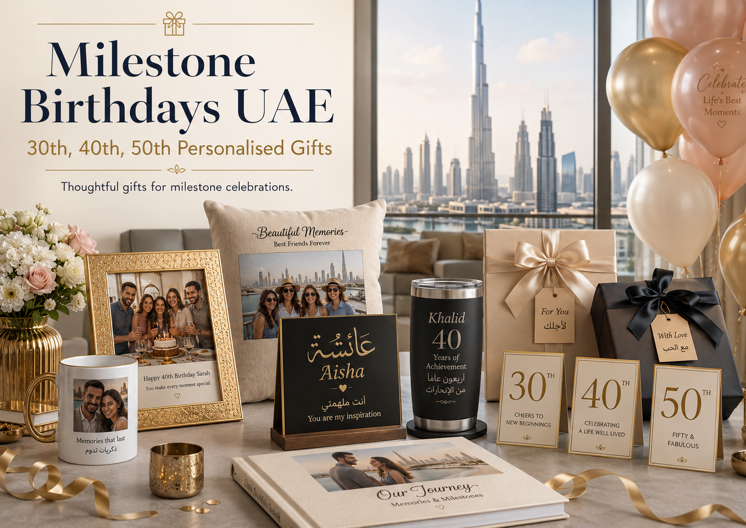 Milestone birthdays UAE hero image showing personalised 30th, 40th, and 50th birthday gifts including photo mug, frame, cushion, engraved tumbler, Arabic-English plaque, photo book, gift boxes, and Dubai skyline.