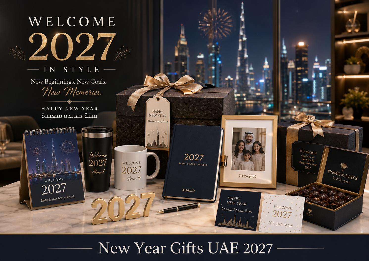 New Year gifts UAE 2027 with personalised mugs, planners, calendars, photo frames, premium dates boxes, corporate hampers and bilingual English-Arabic New Year cards.