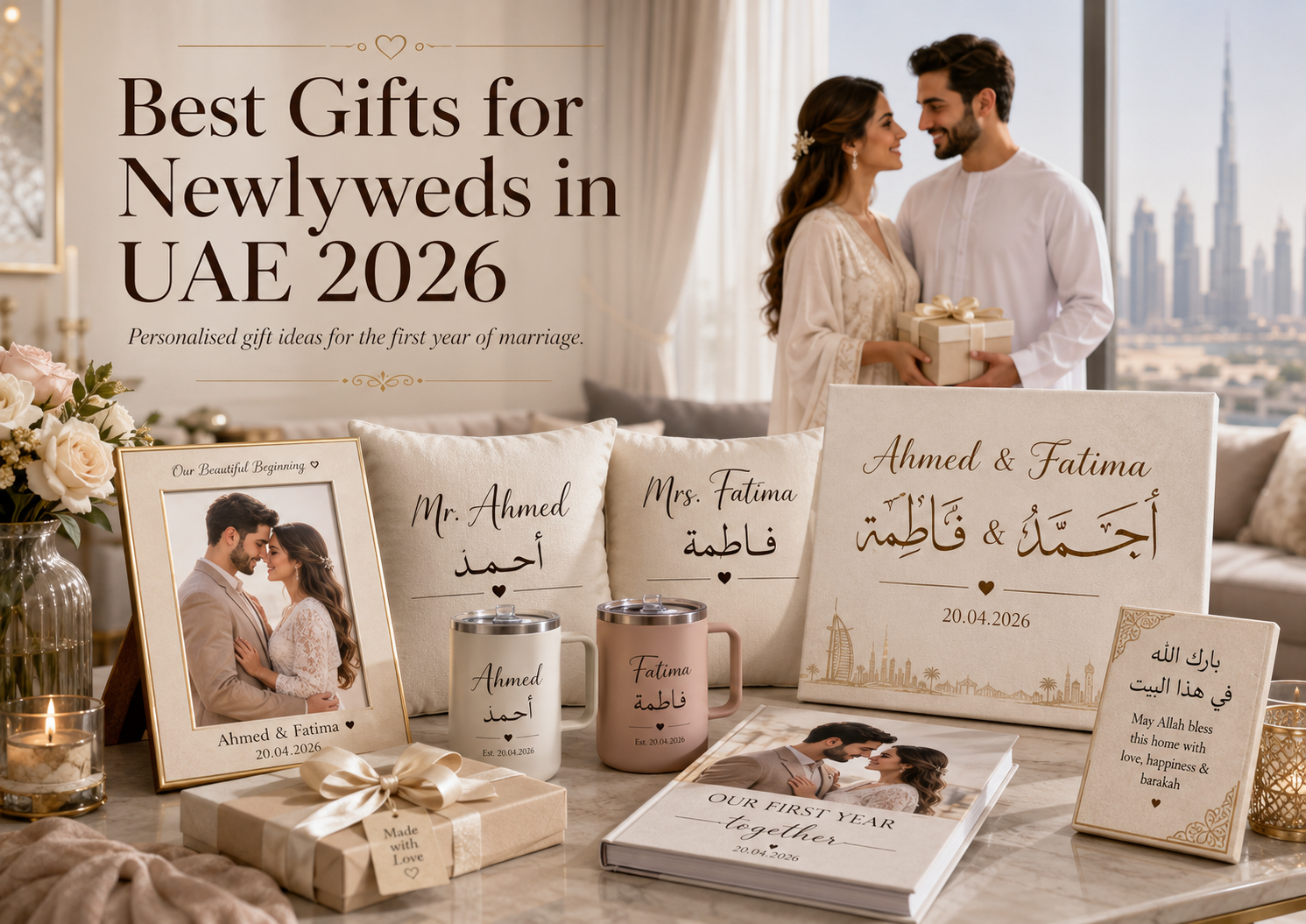 Best gifts for newlyweds UAE featuring bilingual couple canvas, wedding photo frame, his-and-hers mugs, cushion set, photo book and home blessing plaque.