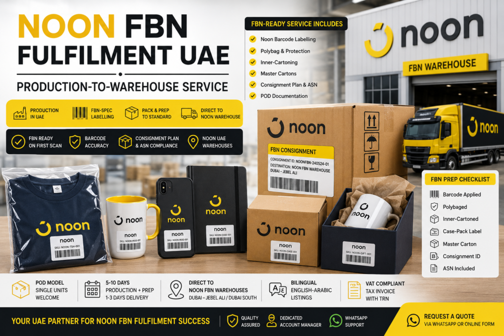 Noon FBN Fulfilment UAE hero image showing barcode-labelled products, polybags, inner cartons, master cartons, consignment plans, ASN compliance, and direct delivery to Noon warehouses.