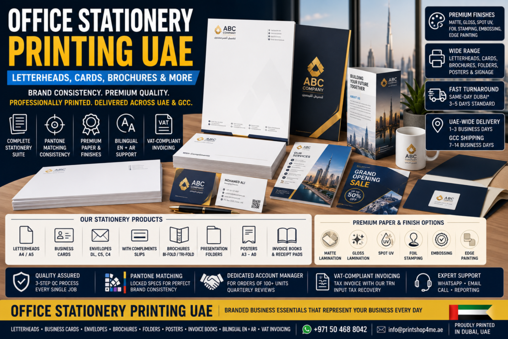Office Stationery Printing UAE hero image showing branded letterheads, business cards, envelopes, brochures, folders, posters, invoice books, bilingual English-Arabic stationery, Pantone matching, premium finishes, VAT-compliant invoicing, and UAE-wide delivery.