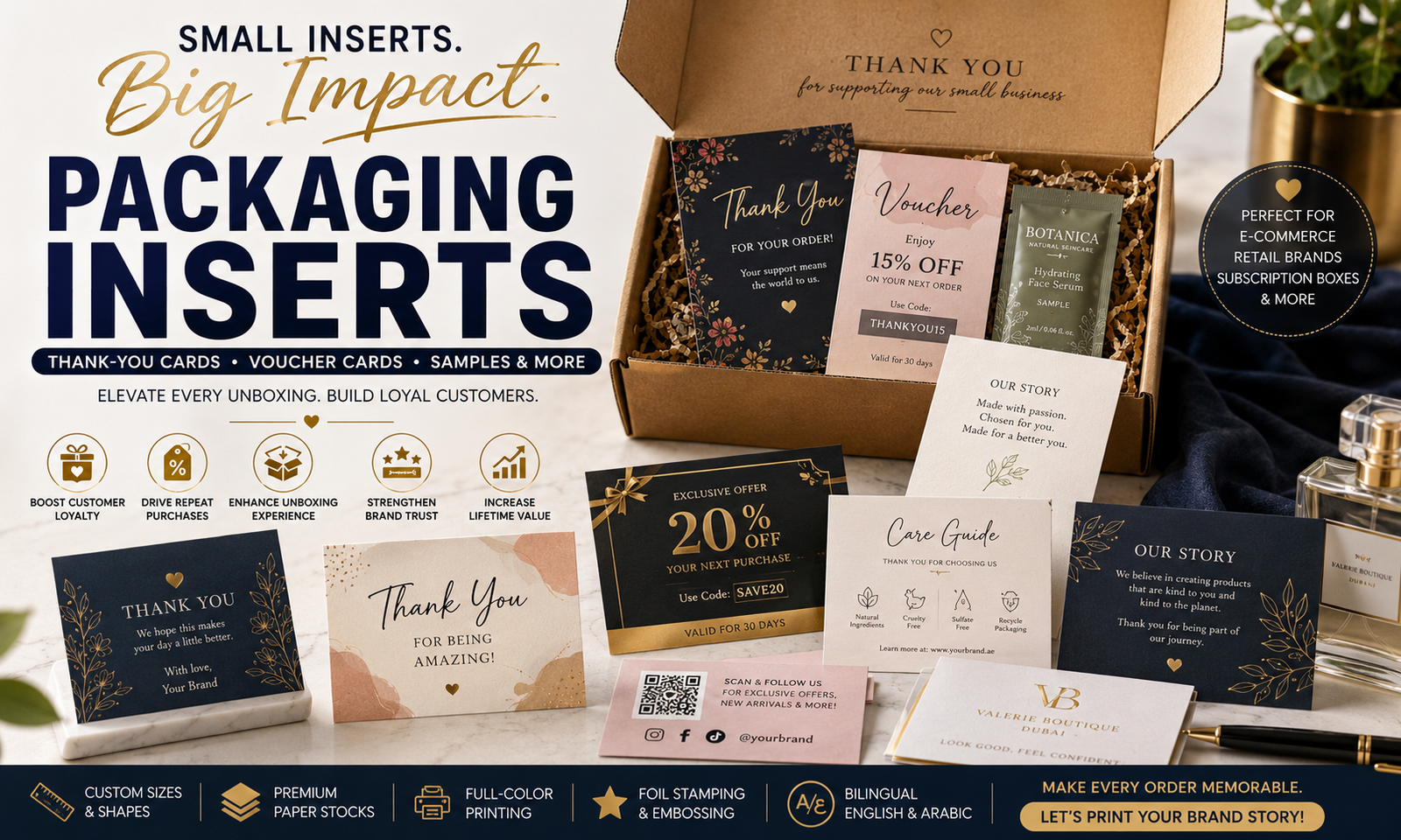 Packaging Inserts: Thank-You Cards, Voucher Cards, Samplers