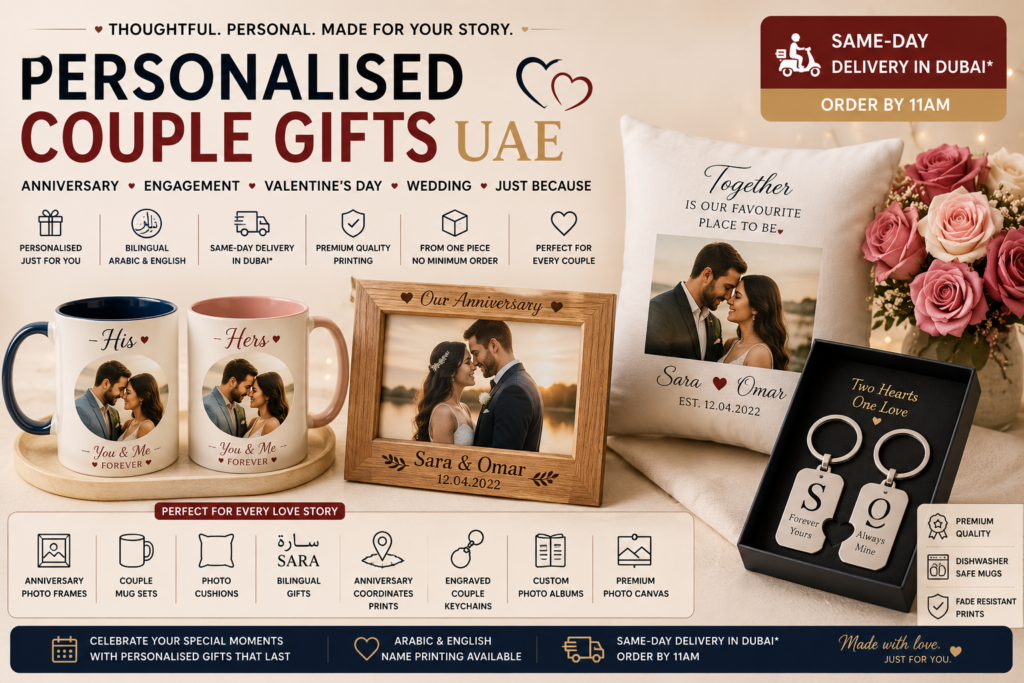 Personalised Couple Gifts UAE hero image showing couple photo mug set, anniversary photo frame, photo cushion, engraved keychains, roses, and same-day Dubai delivery.