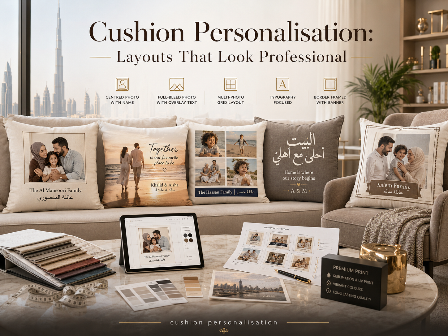 Professional cushion personalisation layouts in a Dubai living room, showing photo cushions with bilingual English and Arabic captions, multi-photo grids, Arabic typography and fabric design proofs.