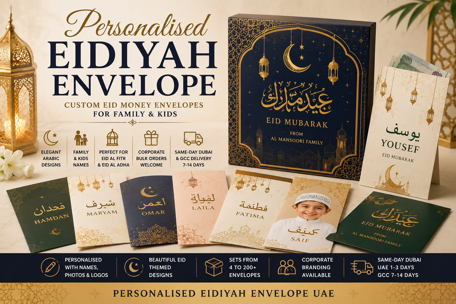 Personalised Eidiyah Envelope UAE hero image showing custom Eid money envelopes with Arabic names, kids’ names, photos, Eid greetings, family sets, and corporate bulk options.