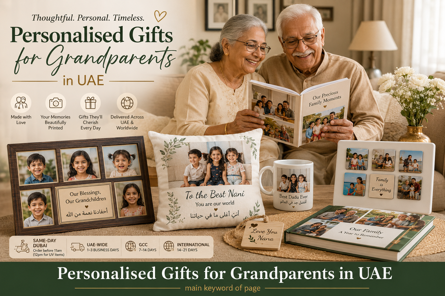 Personalised gifts for grandparents UAE featuring an elderly couple with photo book, grandchildren frame, personalised cushion, mug and family photo magnets.