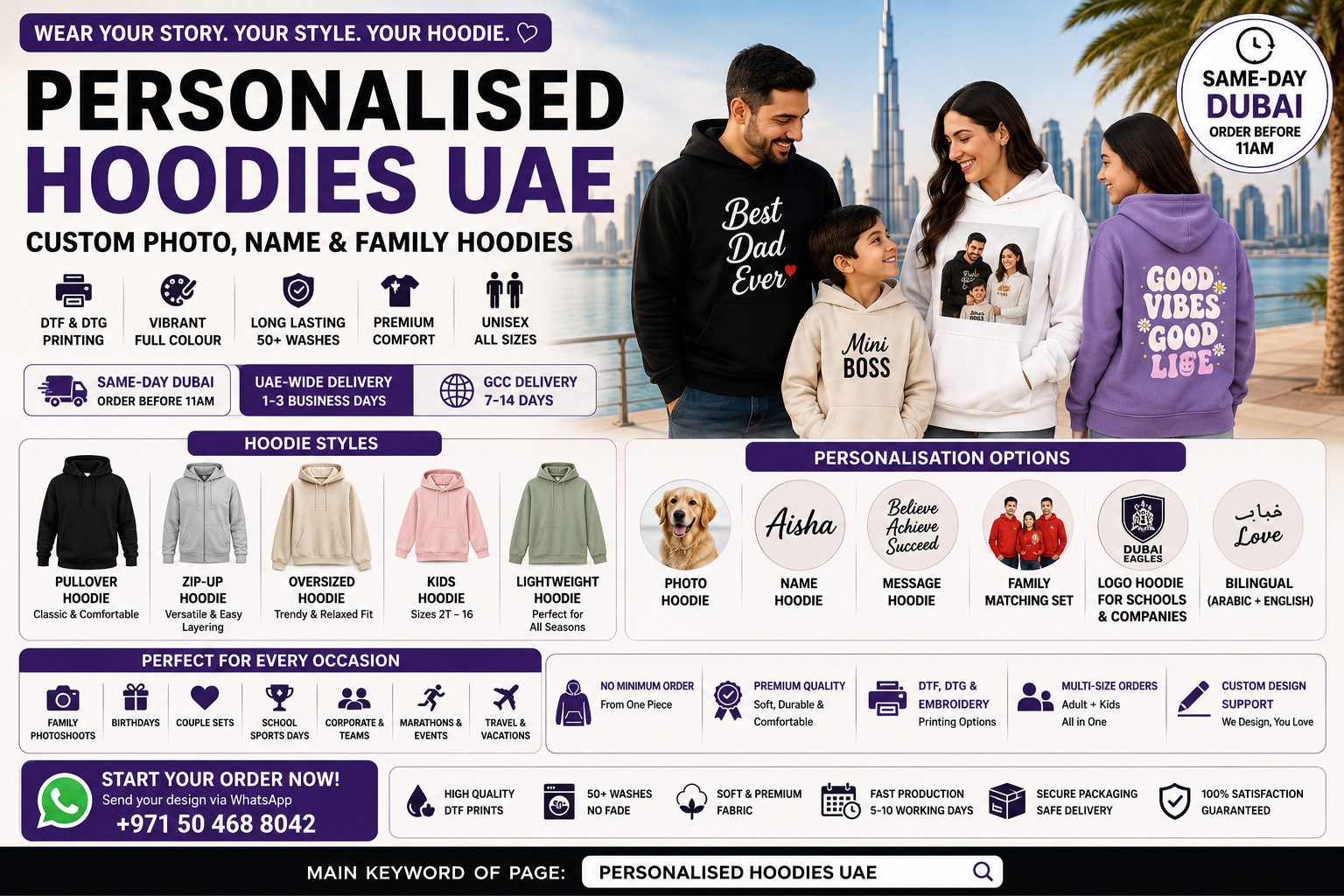 Personalised hoodies UAE hero image showing custom photo, name, message, family matching, school logo and Arabic-English bilingual hoodies with Dubai skyline background, same-day Dubai delivery, DTF and DTG printing, kids and adult sizes, and bulk team hoodie options.