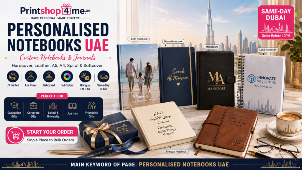 Personalised notebooks UAE hero image showing custom hardcover, leather, spiral and softcover notebooks with photo, name, monogram, Arabic-English bilingual and logo designs, Dubai skyline background, same-day Dubai delivery and corporate gift options.