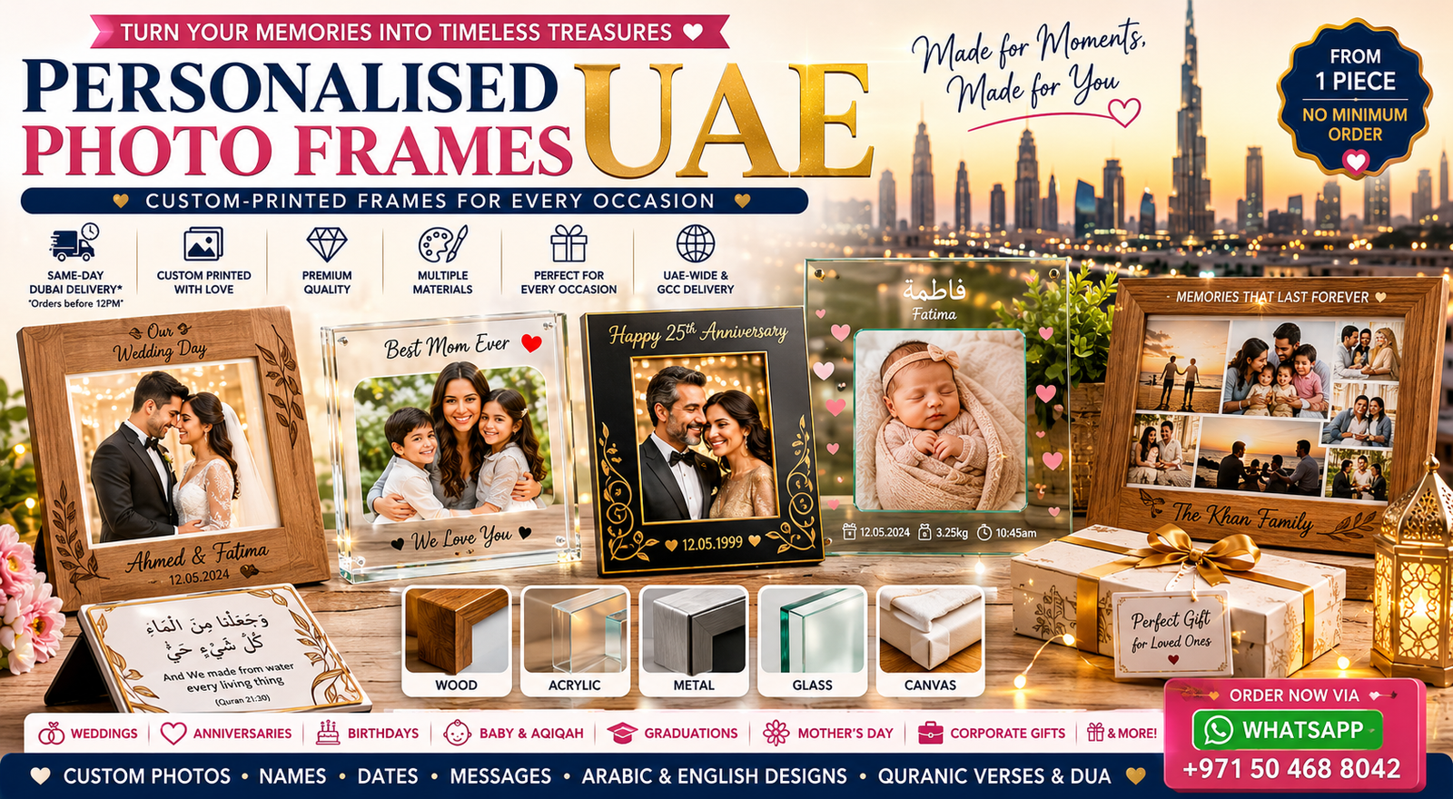 personalised photo frames uae - printshop4me.ae Banner advertising personalized photo frames UAE with sample frames featuring wedding, family, and baby photos.
