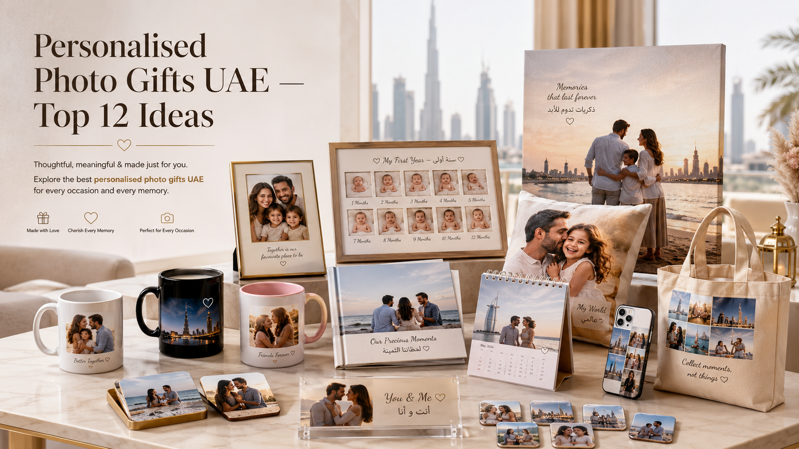 Personalised photo gifts UAE featuring photo frames, mugs, cushions, wall canvas, photo book, calendar, phone case, tote bag, coasters and magnets.