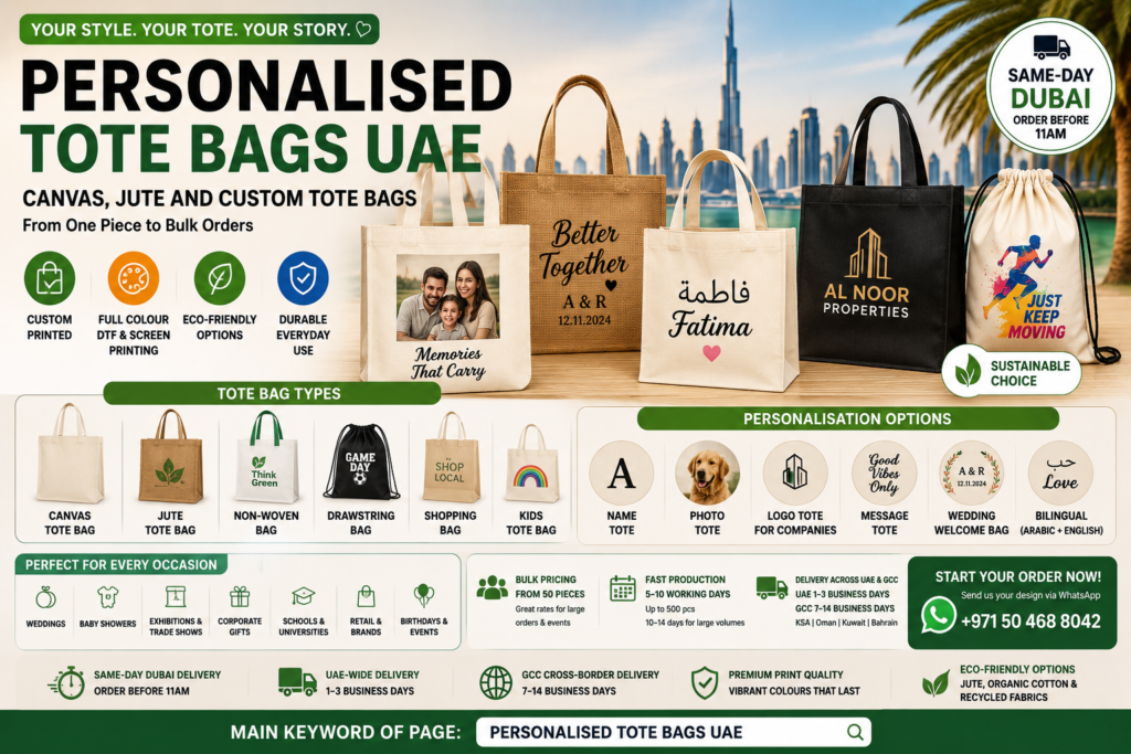 Personalised tote bags UAE hero image showing custom canvas, jute, non-woven, drawstring, shopping and kids tote bags with photo, name, Arabic-English bilingual, wedding and logo designs, Dubai skyline background, same-day Dubai delivery, eco-friendly options and bulk corporate giveaways.