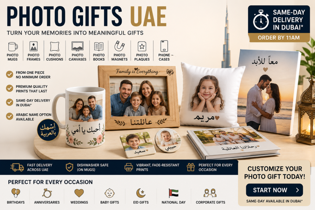 Photo Gifts UAE hero image showing personalised photo mugs, frames, cushions, canvases, photo books, magnets, and plaques with same-day Dubai delivery.