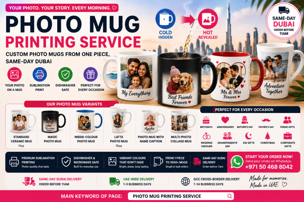 Photo mug printing service hero image showing custom photo mugs, magic mugs, inside-colour mugs, latte mugs and multi-photo collage mugs with Dubai skyline background, same-day Dubai delivery, sublimation printing, dishwasher-safe finish and personalised gift options.