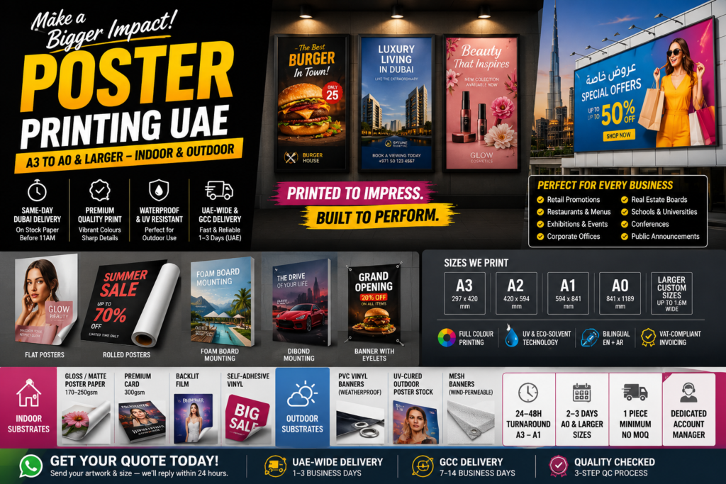 Poster Printing UAE hero image showing A3 to A0 posters, indoor and outdoor displays, retail promotions, restaurant posters, real estate boards, foam board mounting, PVC banners, waterproof printing, and same-day Dubai delivery.