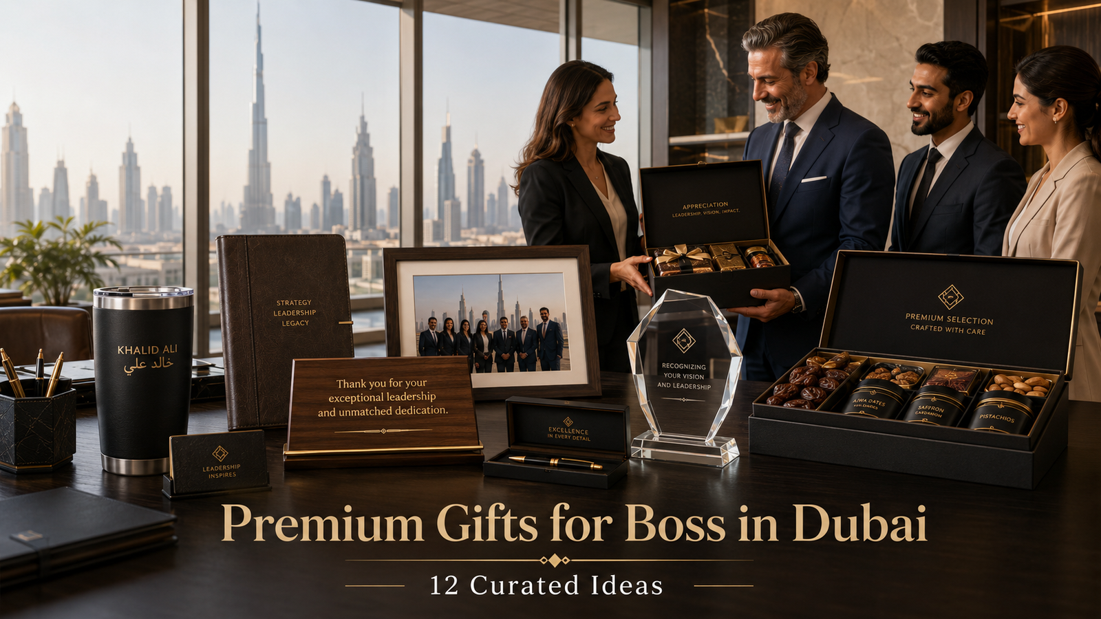 Premium gifts for boss in Dubai featuring luxury executive gifts, personalised tumbler, leather notebook, desk plaque, glass award, pen set and premium hamper.
