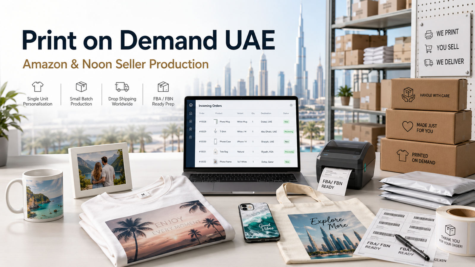 print on demand uae - printshop4me.ae Print on Demand UAE hero image showing Amazon and Noon seller production, single-unit personalised products, order feed dashboard, FBA/FBN labels, packaging, and drop-shipping workflow.