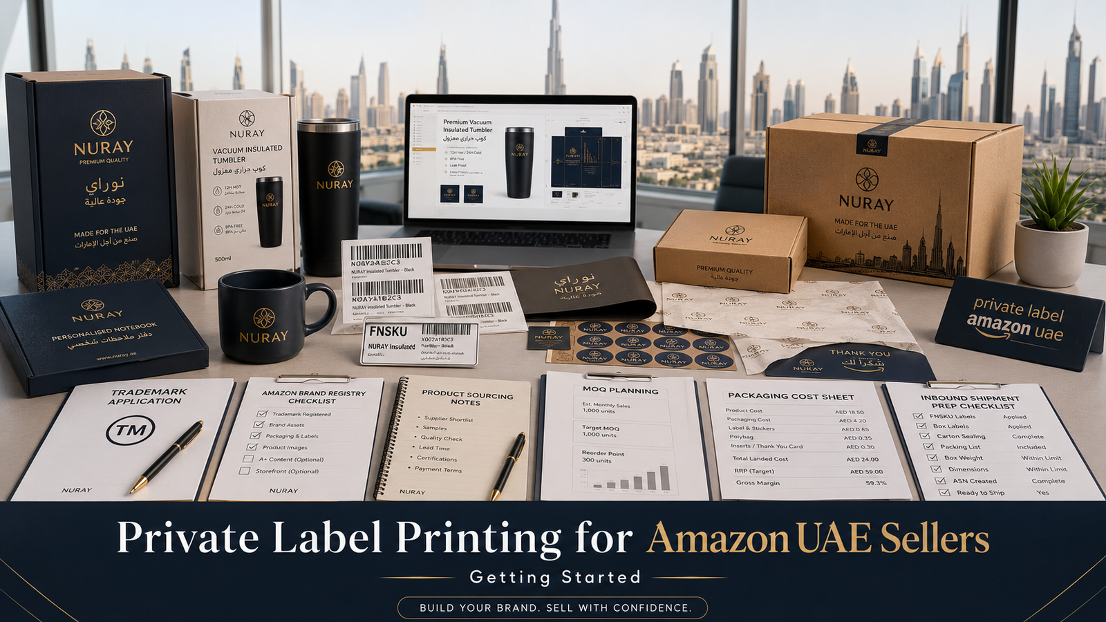 Private label Amazon UAE workspace showing branded packaging, product samples, barcode labels, FNSKU stickers, Amazon listing mockup and Dubai skyline.