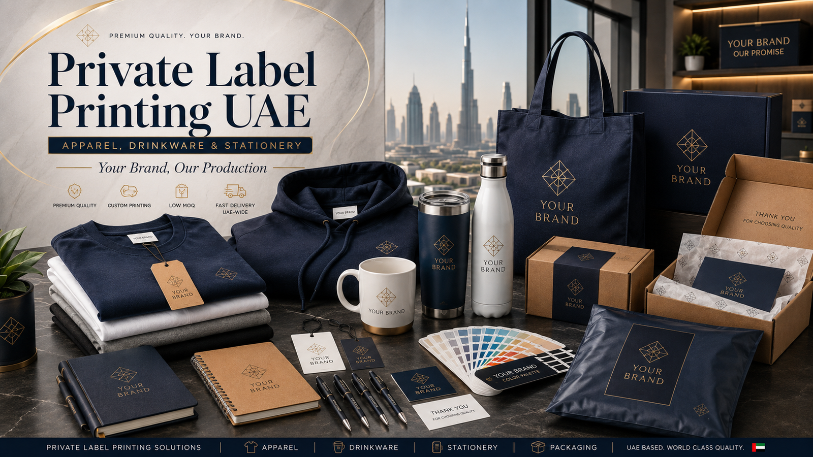 private label printing uae - printshop4me.ae Promotional merchandise display for 'Your Brand' with navy apparel, bags, mugs, tumblers and packaging against a city skyline.