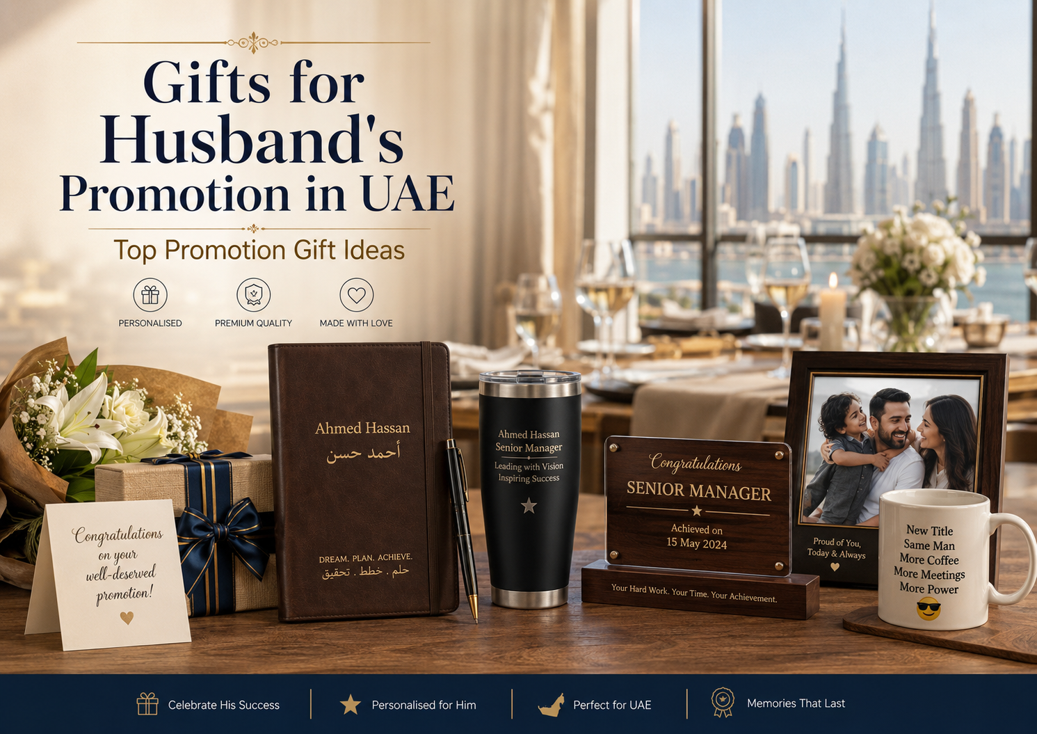 Promotion gifts husband UAE featuring leather notebook, engraved tumbler, desk plaque, framed family photo, boss mug and congratulations card.
