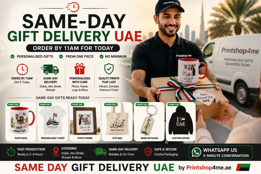 Same-day gift delivery in Dubai — courier delivering a personalised photo mug gift box.