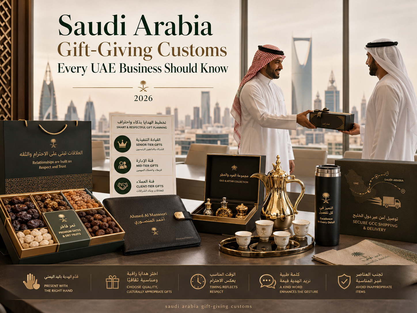 Saudi Arabia gift-giving customs for UAE businesses showing premium dates, oud, Arabic coffee, leather gifts, bilingual packaging and respectful right-hand gift presentation in a Riyadh boardroom.
