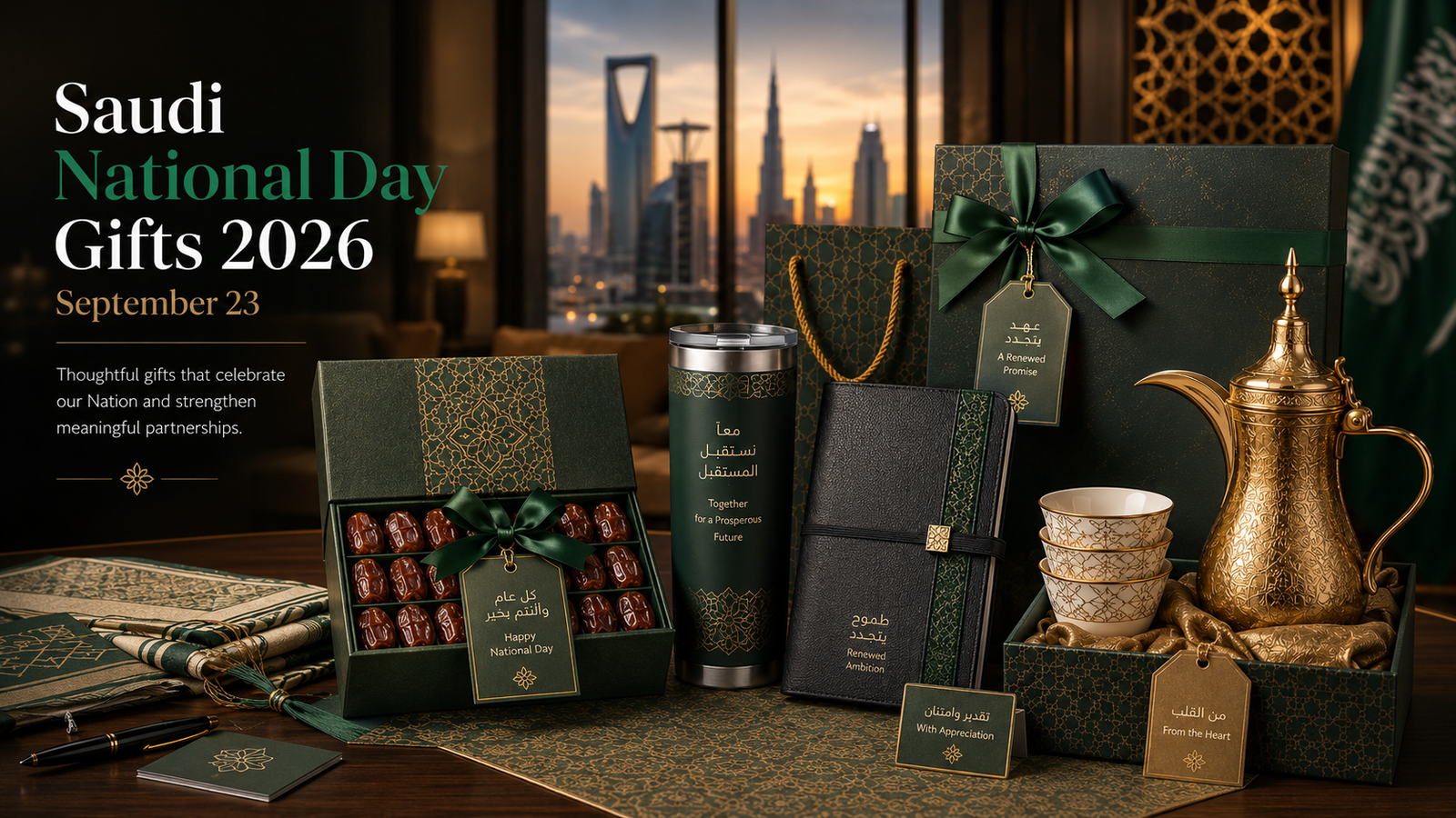 Saudi National Day gifts 2026 featuring premium dates, bilingual tumbler, leather notebook, Arabic coffee set and green corporate gift packaging.