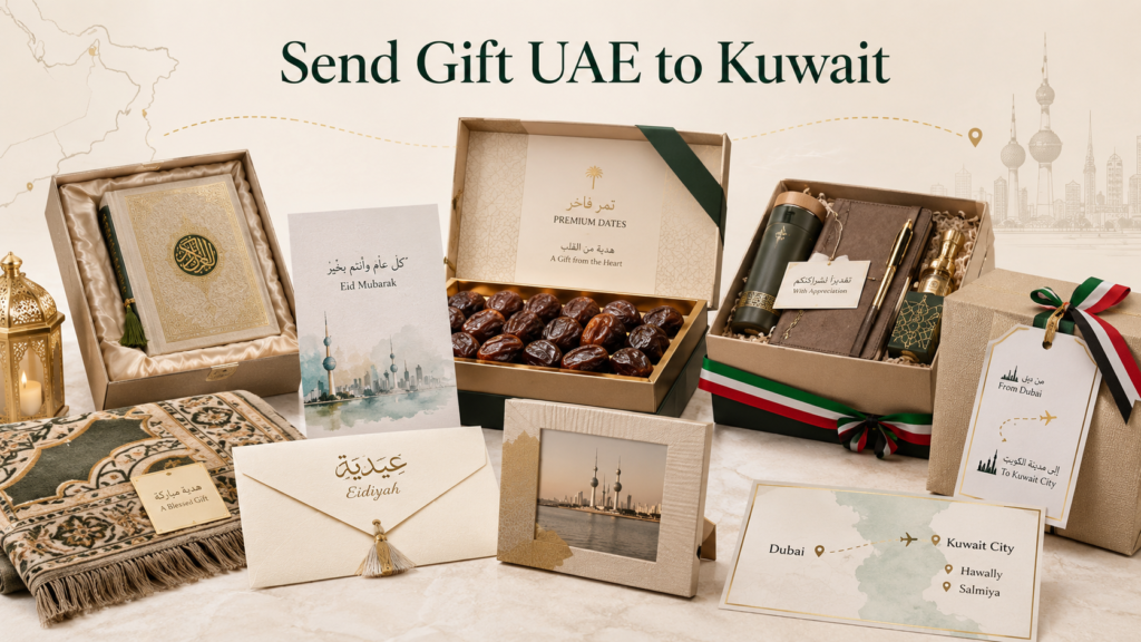 Send Gift UAE to Kuwait hero image showing personalised dates boxes, Quran gifts, prayer mats, Eidiyah envelopes, photo frames, corporate hampers, and Kuwait City delivery.