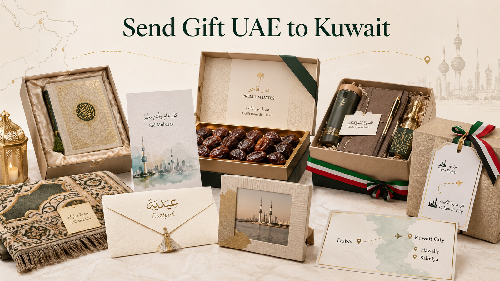 Send Gift UAE to Kuwait hero image showing personalised dates boxes, Quran gifts, prayer mats, Eidiyah envelopes, photo frames, corporate hampers, and Kuwait City delivery.