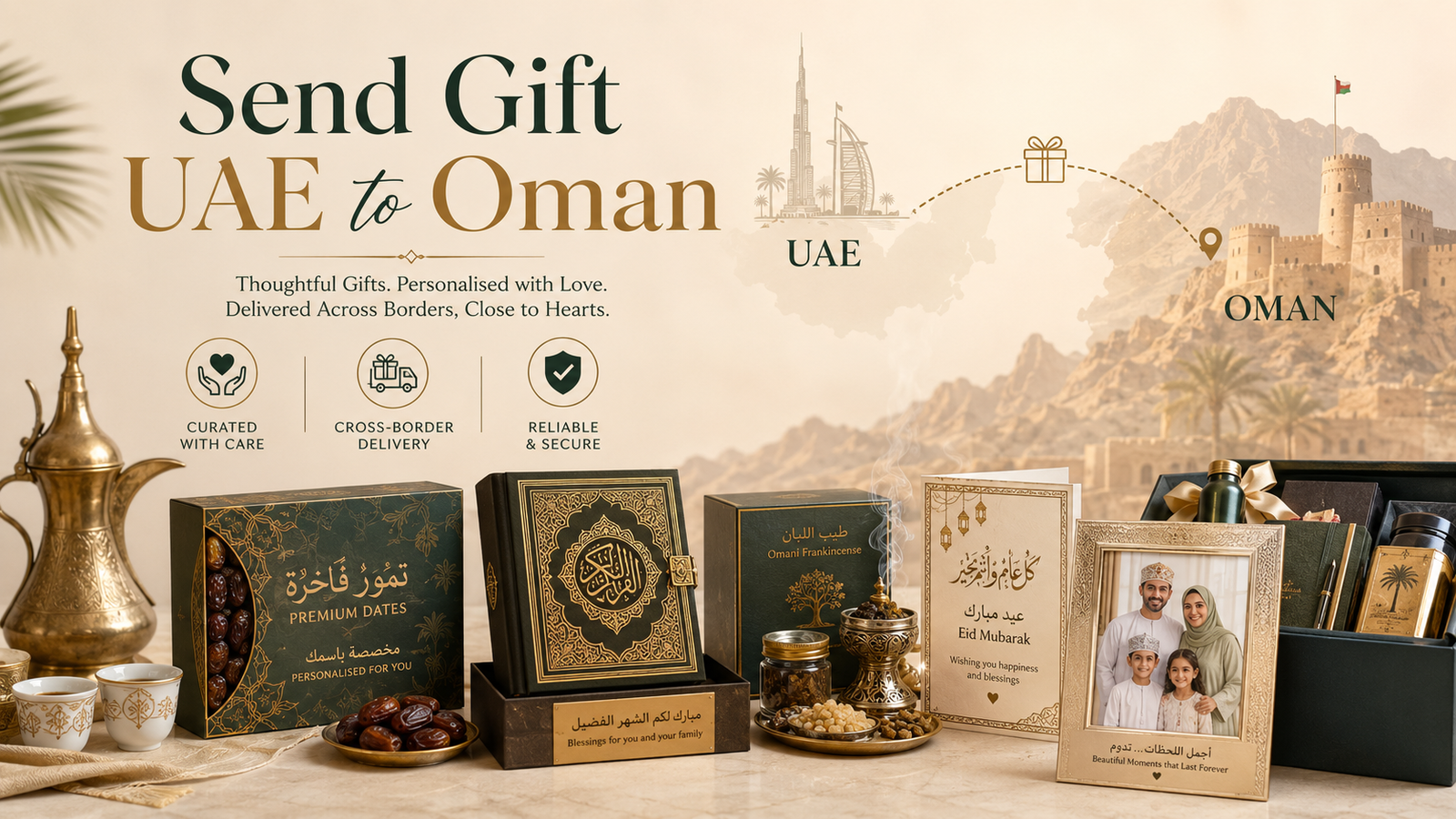 Send Gift UAE to Oman hero image showing personalised dates boxes, Quran gifts, brass coffee sets, frankincense gifts, photo frames, and cross-border Muscat delivery.