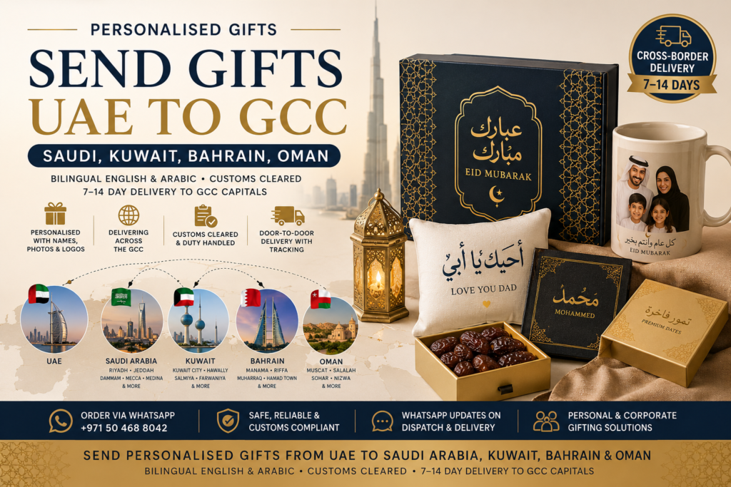 Send Gifts UAE to GCC hero image showing personalised mugs, cushions, dates boxes, lanterns, and gift packaging for delivery to Saudi Arabia, Kuwait, Bahrain, and Oman.