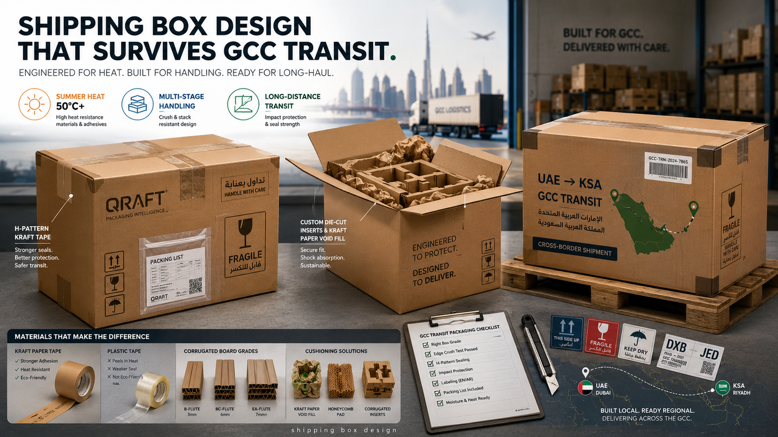 Shipping box design for GCC transit showing strong corrugated cartons, H-pattern paper tape, kraft void fill, reinforced corners, bilingual labels and UAE-to-KSA shipping route.