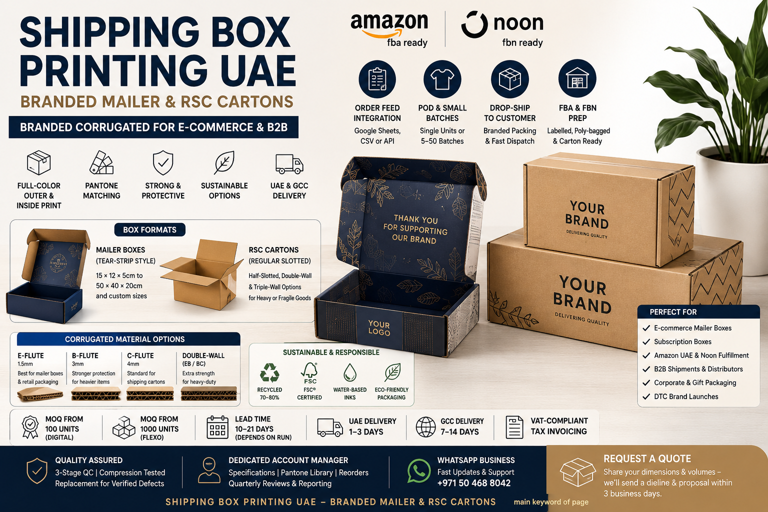 Banner advertising Shipping Box Printing UAE with branded mailer boxes and RSC cartons for e-commerce fulfillment (branding, formats, and materials).