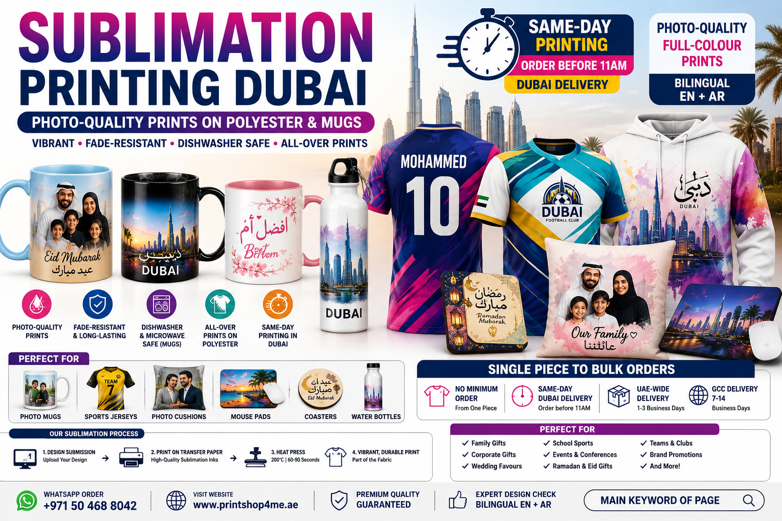 Sublimation printing Dubai promo banner featuring mugs, bottles, apparel and a Dubai skyline background with product lineup