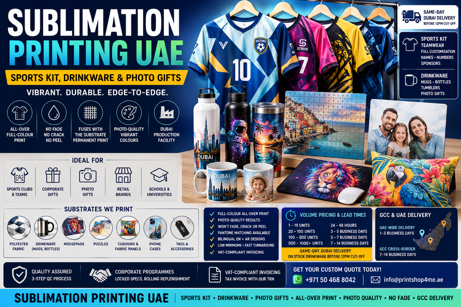 Sublimation Printing UAE hero image showing custom sports jerseys, drinkware, photo mugs, tumblers, cushions, puzzles, mousepads, all-over polyester prints, vibrant photo-quality colours, no fade or peel, same-day Dubai delivery, and GCC shipping.