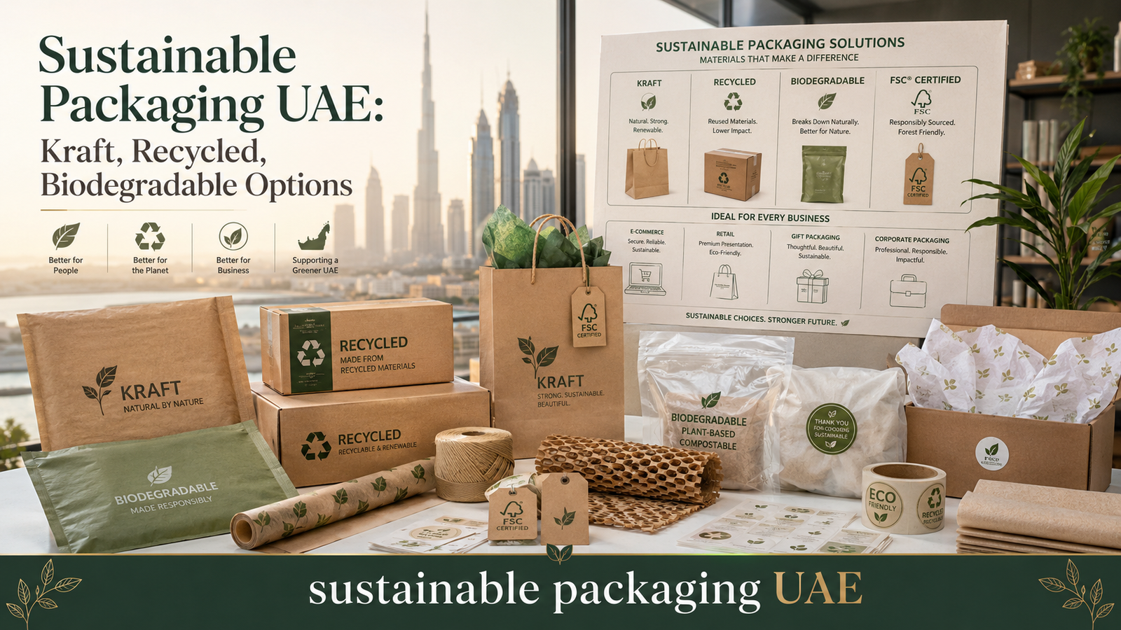 Sustainable packaging UAE options including kraft mailers, recycled boxes, biodegradable bags, compostable films and FSC-certified paper packaging.