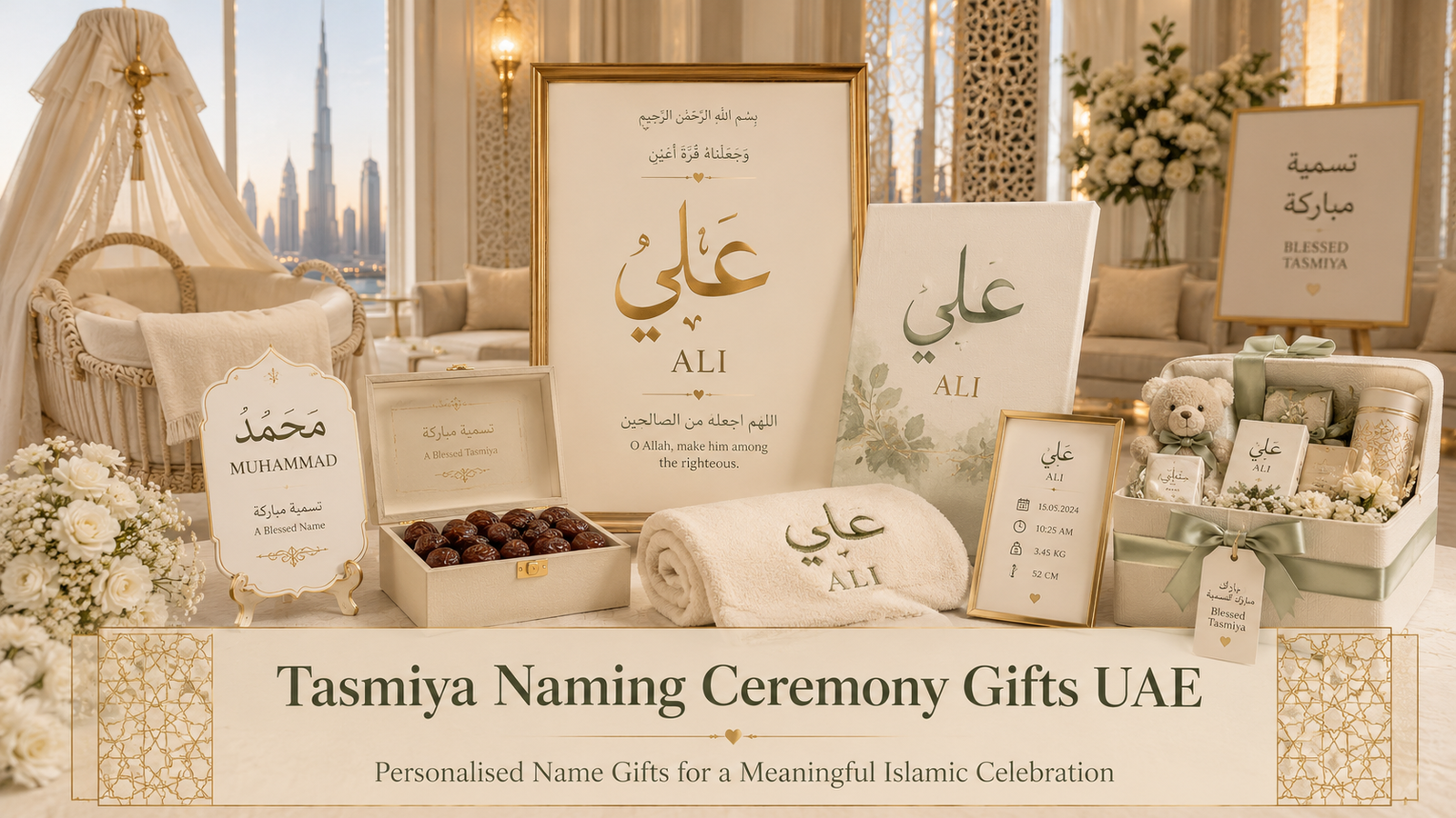 Tasmiya naming ceremony gifts UAE hero image showing personalised Arabic-English baby name plaques, calligraphy frames, baby hampers, dates box, blanket, and Islamic newborn gift display.