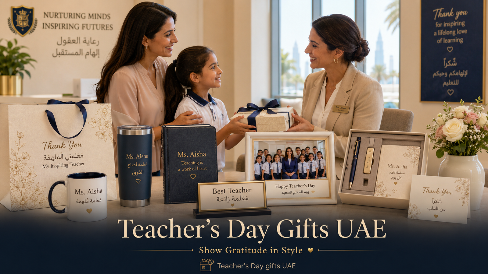 Teacher’s Day gifts UAE featuring a student and parent giving a teacher personalised mug, tumbler, notebook, class photo frame and thank-you card.