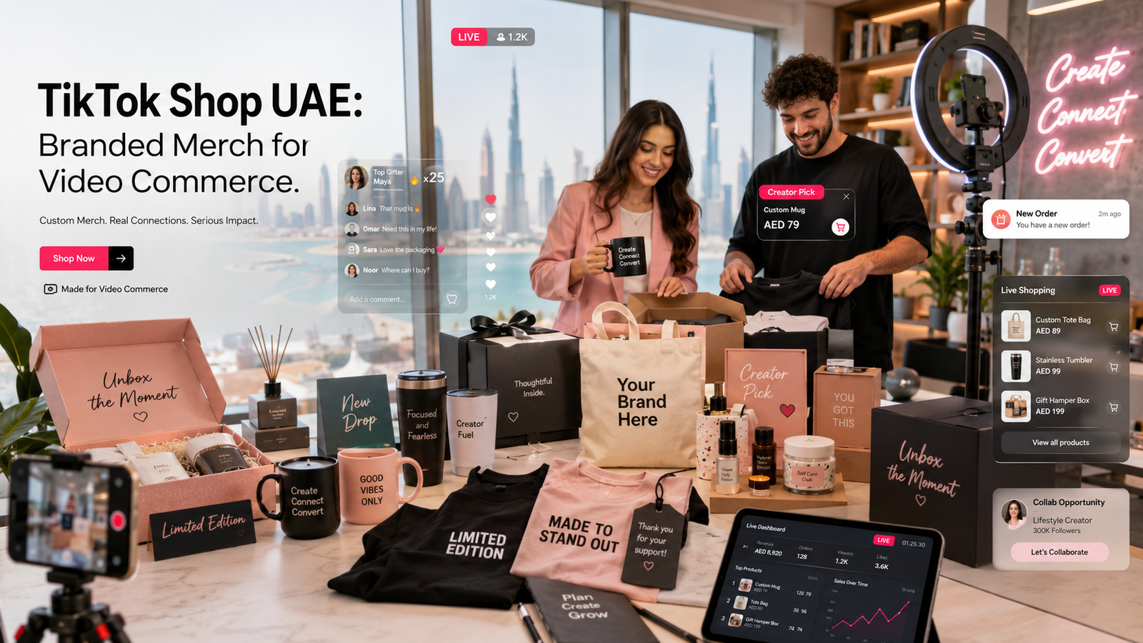 TikTok Shop UAE hero image showing branded merchandise, personalised gifts, creator filming setup, premium packaging, live shopping elements and video commerce products in a Dubai studio.