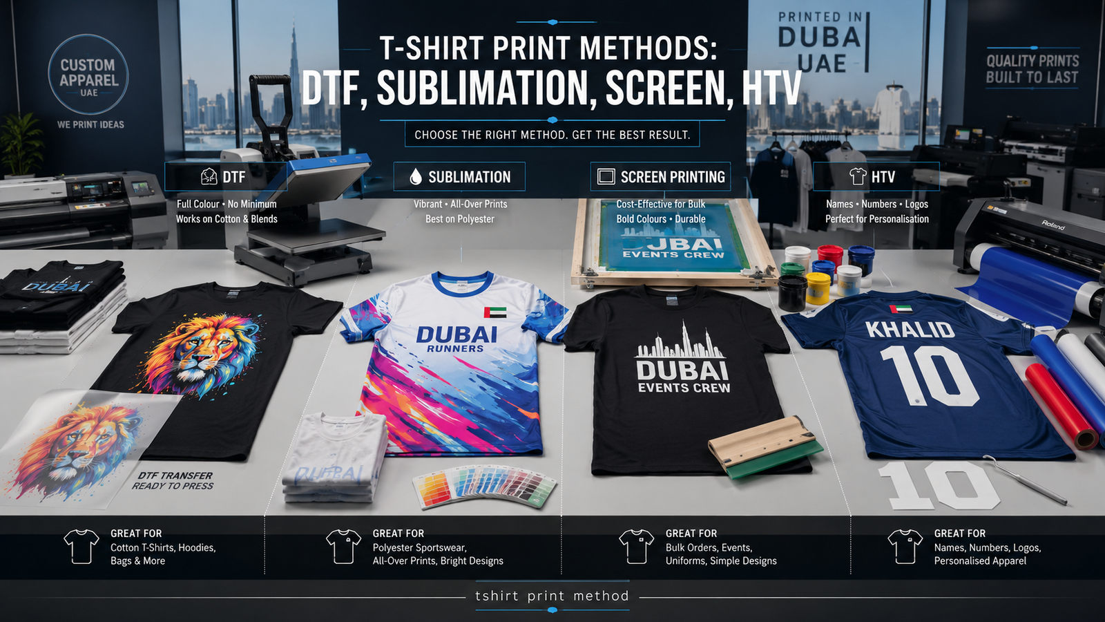 T-shirt print method comparison showing DTF, sublimation, screen printing and HTV with printed shirts, heat press, screen frame, vinyl rolls and Dubai apparel studio.