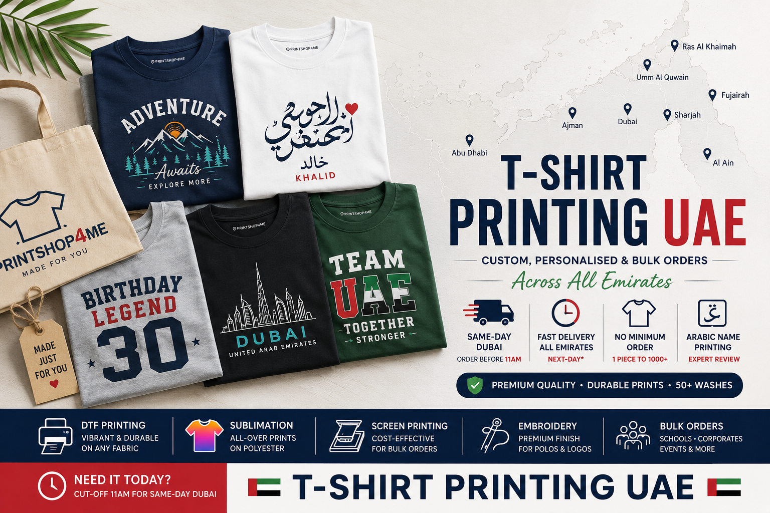 Custom T-shirt printing UAE hero banner featuring personalised printed t-shirts, same-day Dubai delivery, UAE-wide shipping, no minimum order, and bulk printing services.