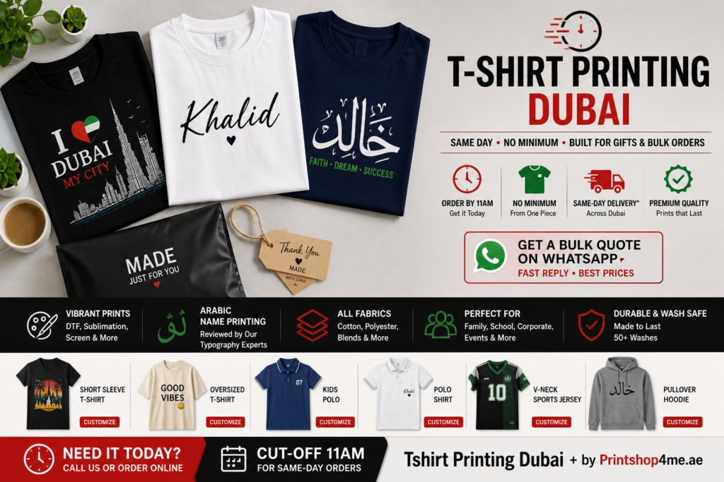 Custom T-Shirt Printing Dubai hero banner featuring three personalised t-shirts laid flat on a light-grey background with folded delivery packaging, printed gift tags, same-day printing highlights, Arabic name printing examples, and bulk order options by Printshop4me.ae.