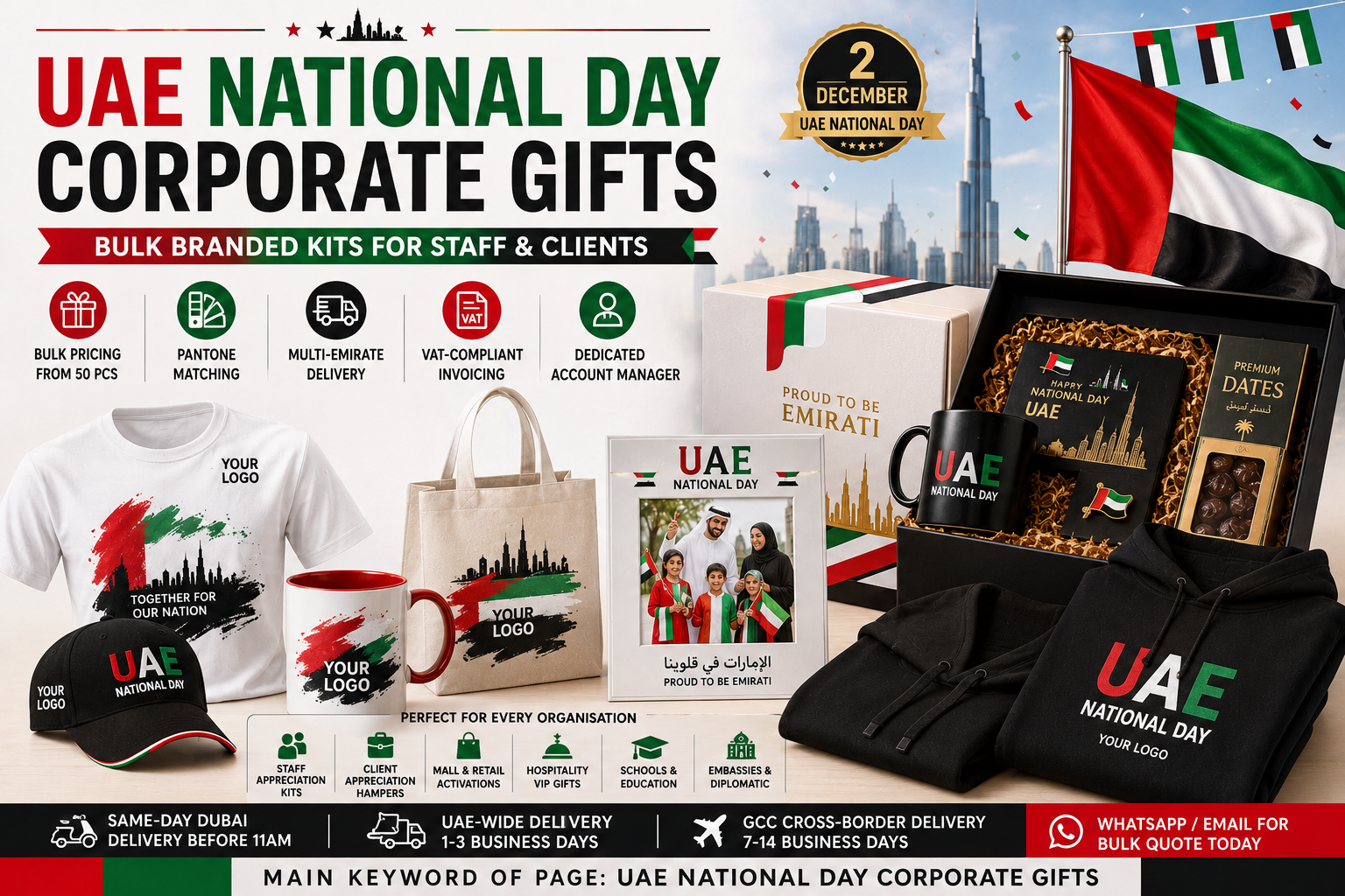 UAE National Day corporate gifts including branded t-shirt, mug, cap, tote bag, hoodie, photo frame, premium dates box and bulk staff gift hamper with UAE flag colours.