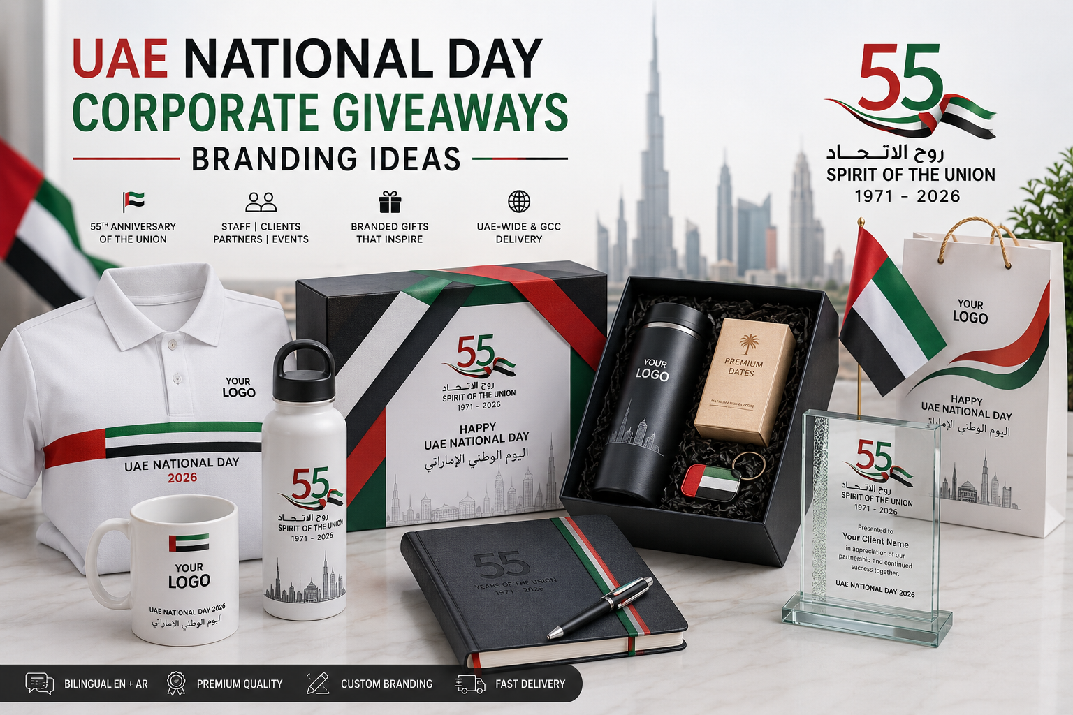 UAE National Day corporate giveaways 2026 displayed in a Dubai boardroom, featuring branded mugs, apparel, gift boxes, dates, plaques and bilingual 55th anniversary branding.