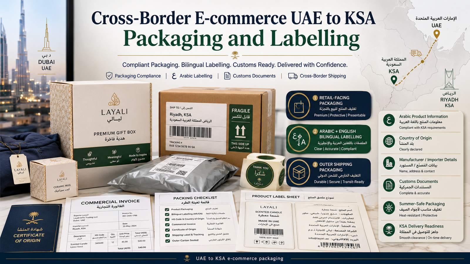 UAE to KSA e-commerce packaging guide showing bilingual Arabic and English retail labels, shipping cartons, customs documents, and cross-border packaging compliance for Saudi delivery.